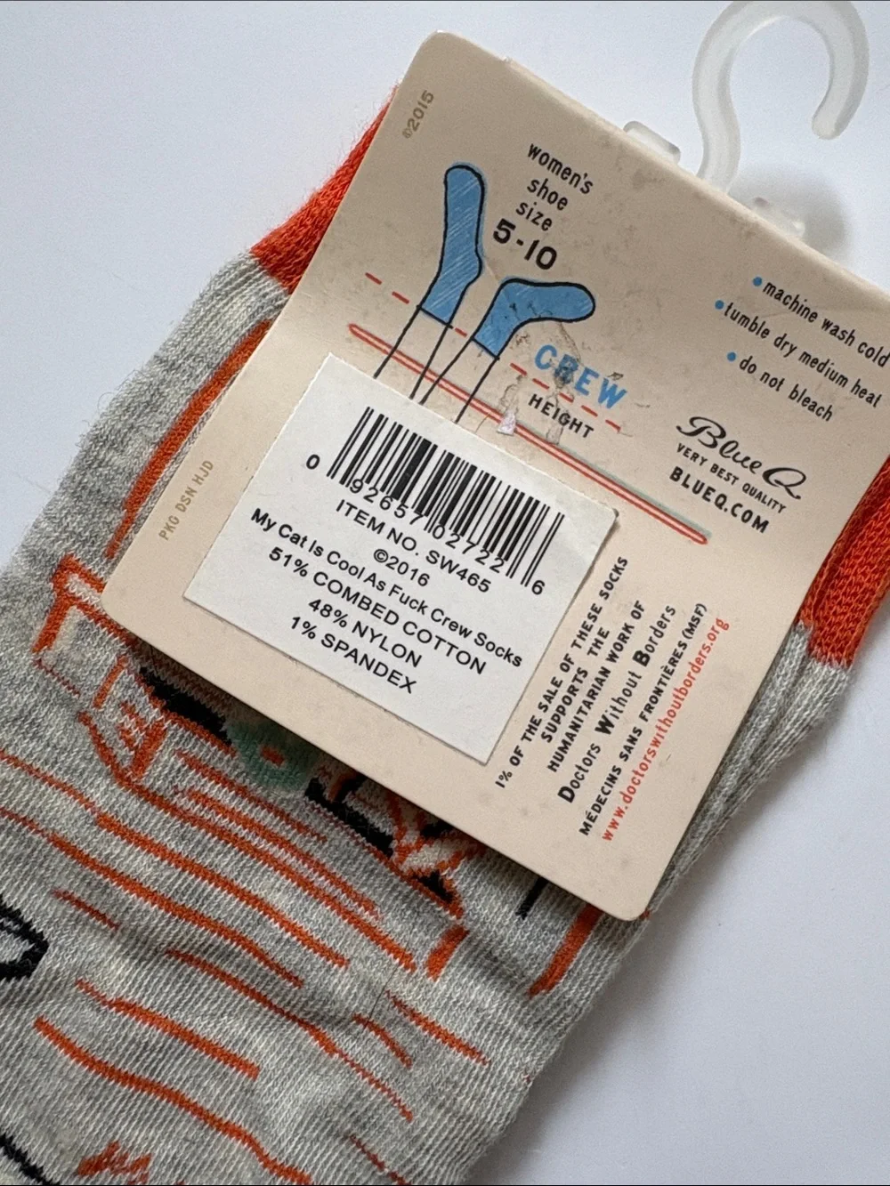 Blue Q Novelty Crew Socks - Heather Gray, Orange & Teal Cat Design